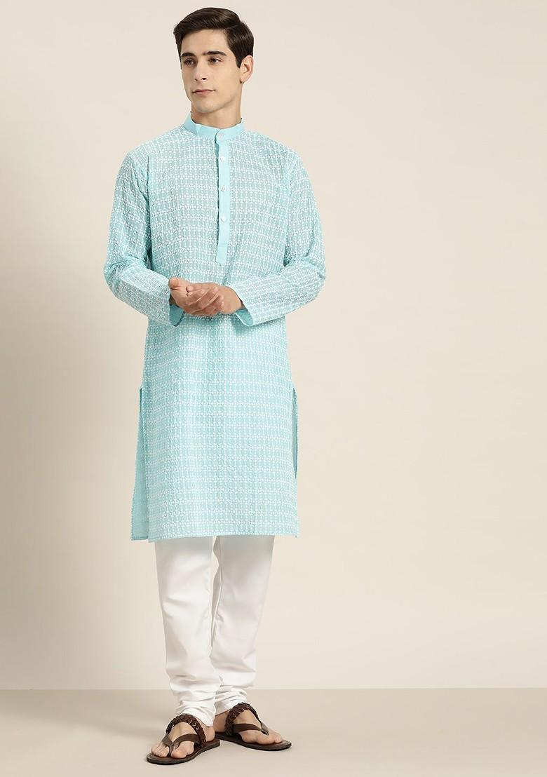Blue Thread Work Cotton Kurta Set For Men