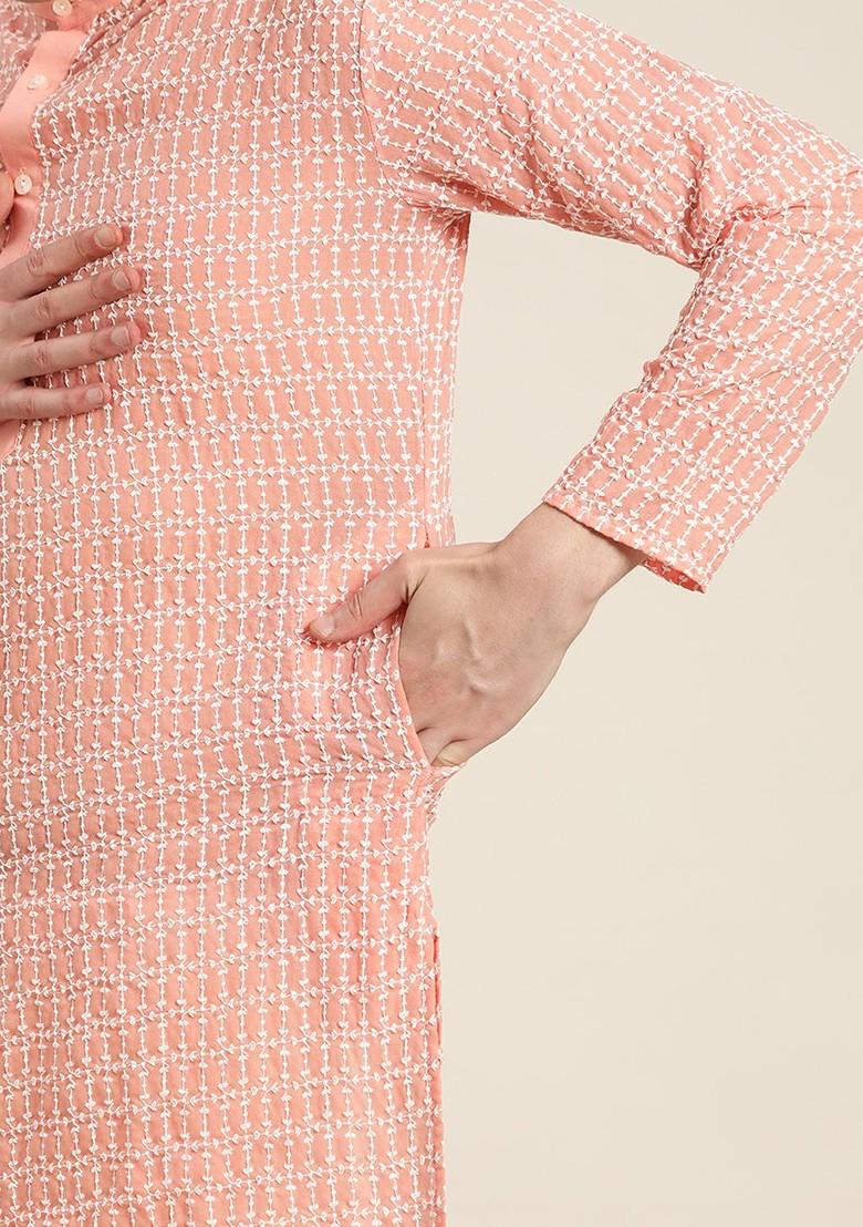 Peach Thread Work Cotton Kurta Set For Men