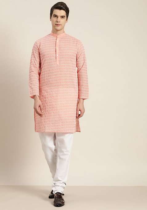 Peach Thread Work Cotton Kurta Set For Men