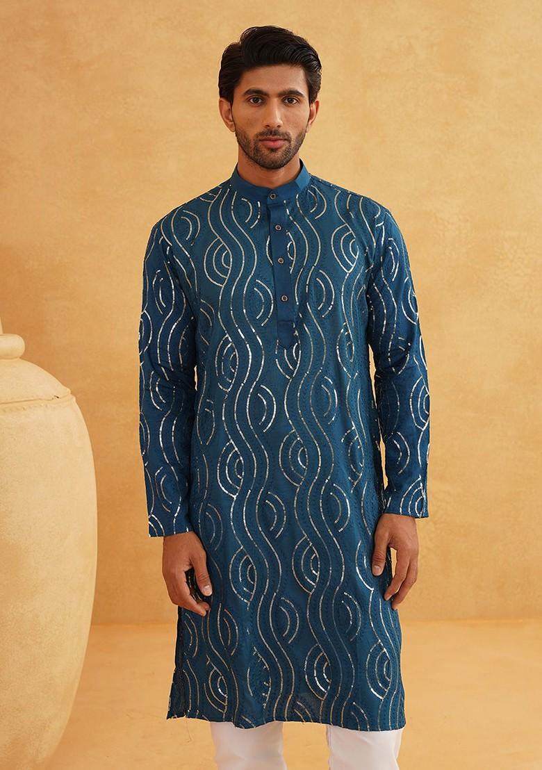 Teal Blue Embroidered Cotton Kurta Set For Men
