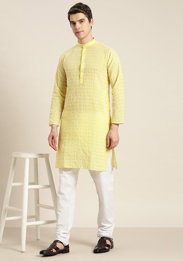 Yellow Thread Work Cotton Kurta Set For Men