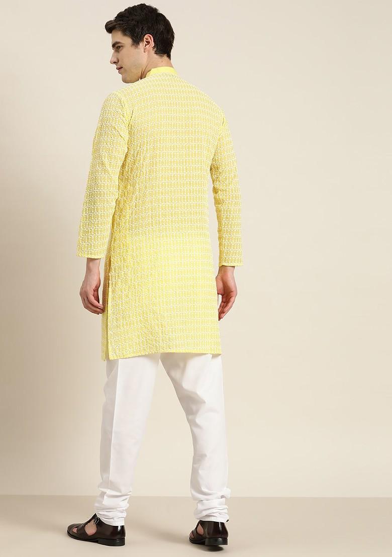 Yellow Thread Work Cotton Kurta Set For Men