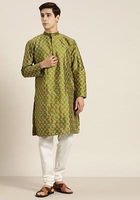 Olive Thread Work Poly Blend Kurta Set For Men