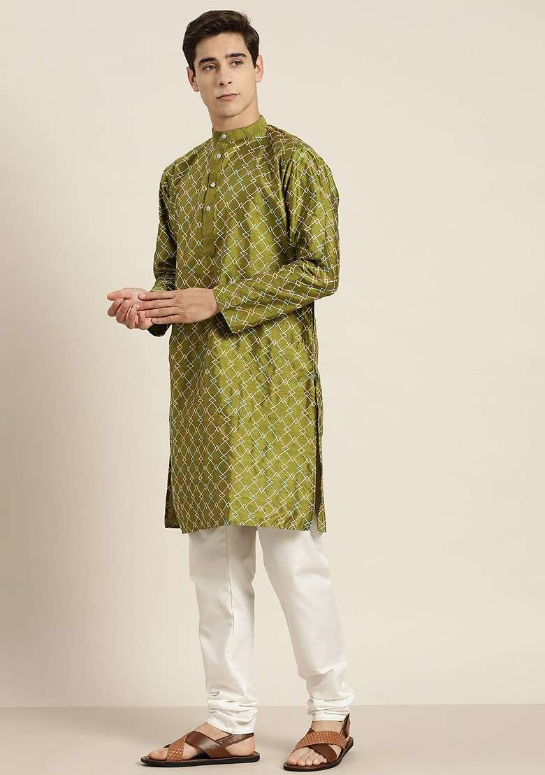 Olive Thread Work Poly Blend Kurta Set For Men - Indya