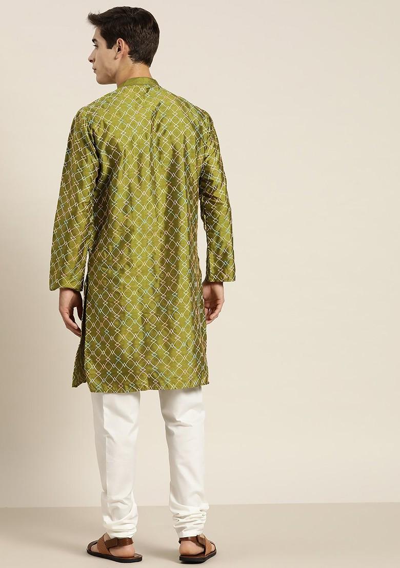 Olive Thread Work Poly Blend Kurta Set For Men