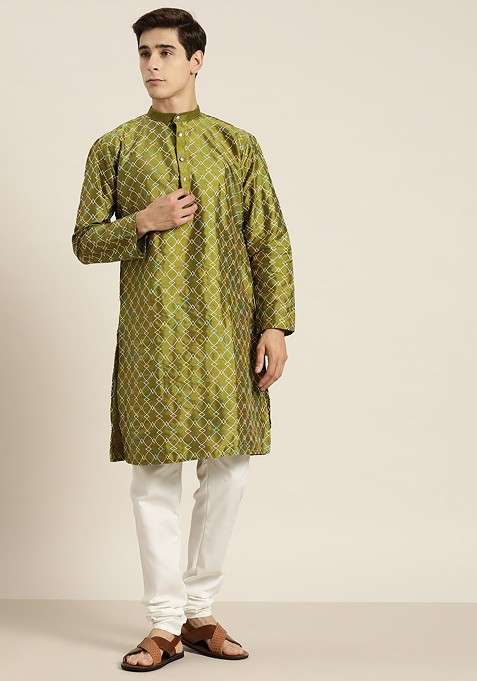 Olive Thread Work Poly Blend Kurta Set For Men