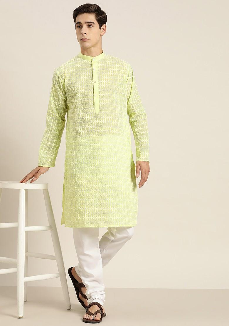 Green Thread Work Cotton Kurta Set For Men