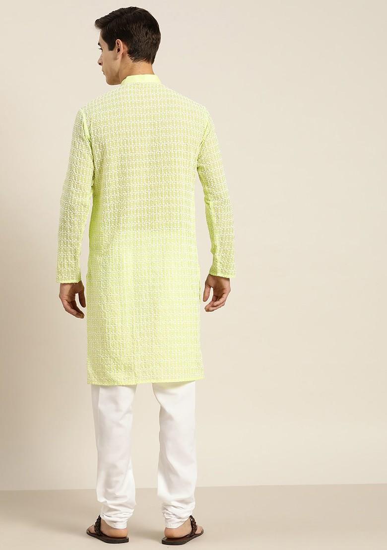 Green Thread Work Cotton Kurta Set For Men
