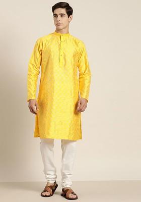 Mustard Thread Work Poly Blend Kurta Set For Men