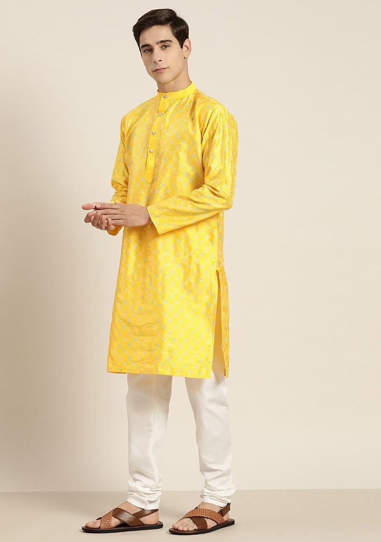 Mustard Thread Work Poly Blend Kurta Set For Men