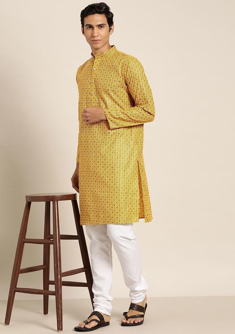 Mustard Ethnic Motifs Poly Blend Kurta Set For Men