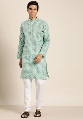 Sea Green Ethnic Motifs Poly Blend Kurta Set For Men