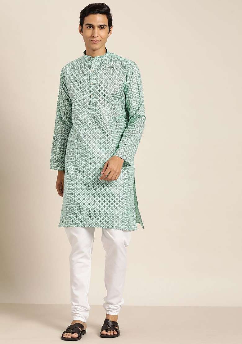 Sea Green Ethnic Motifs Poly Blend Kurta Set For Men - Indya