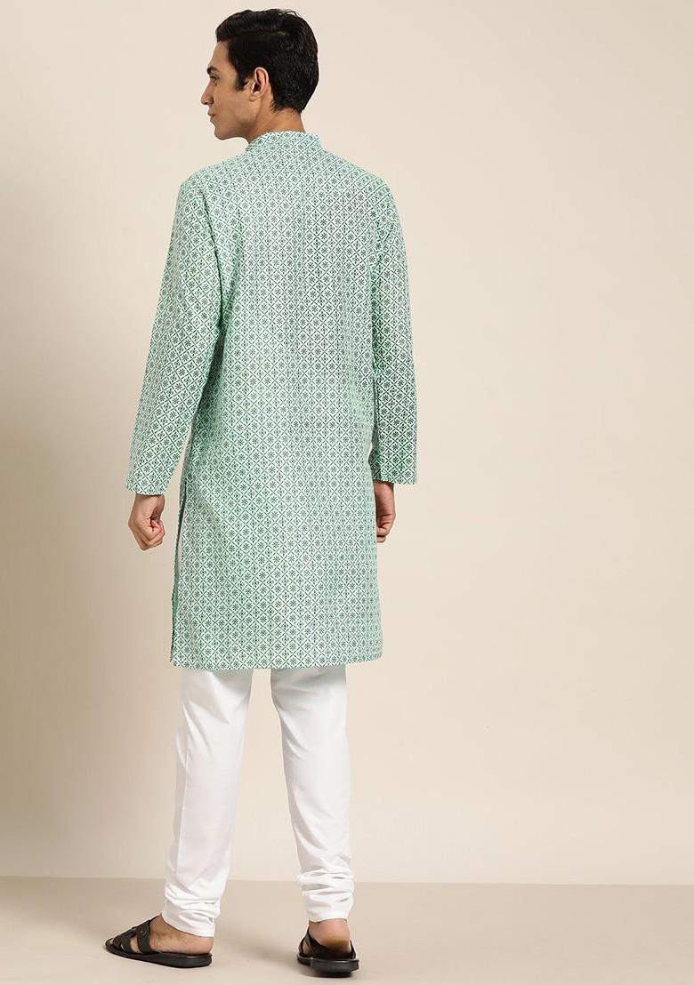 Sea Green Ethnic Motifs Poly Blend Kurta Set For Men