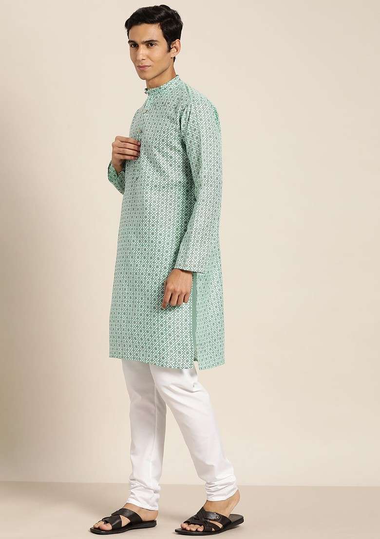 Sea Green Ethnic Motifs Poly Blend Kurta Set For Men - Indya