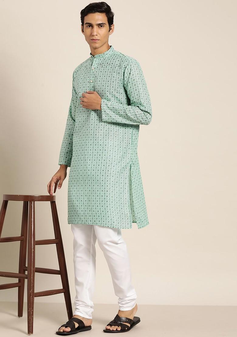 Sea Green Ethnic Motifs Poly Blend Kurta Set For Men