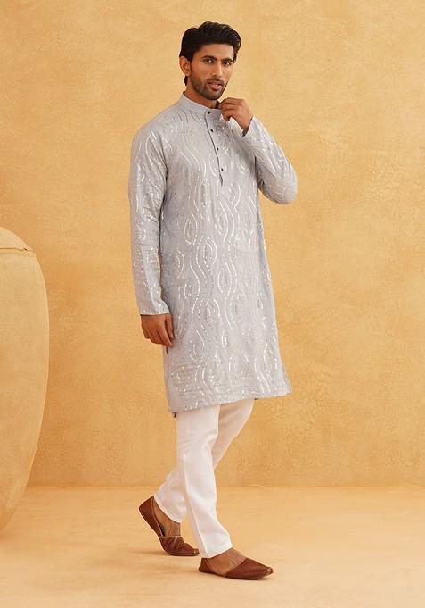 Grey Sequin Work Cotton Kurta Set For Men — view on Indya