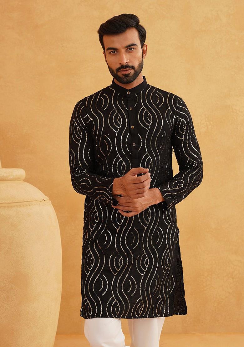 Black Sequin Work Cotton Kurta Set For Men