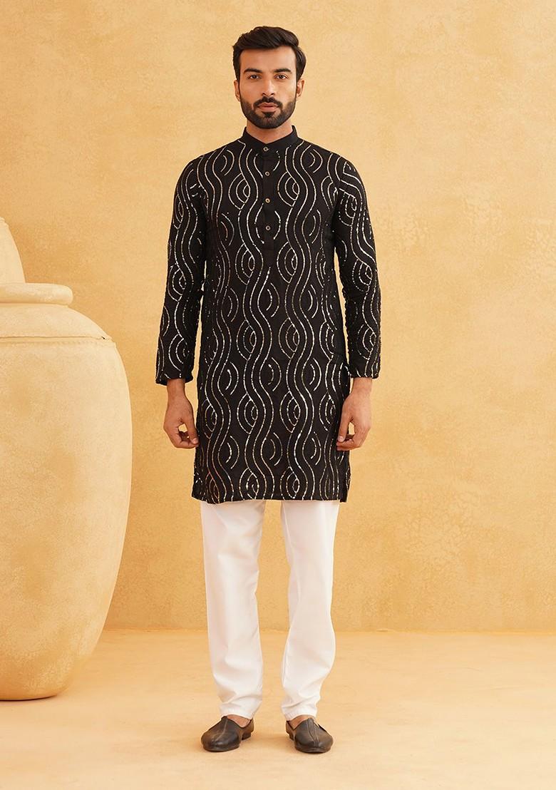 Black Sequin Work Cotton Kurta Set For Men
