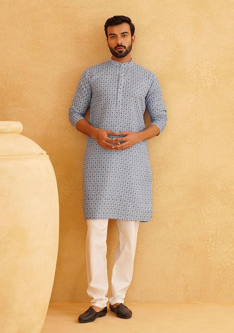 Blue Printed Poly Blend Kurta Set For Men