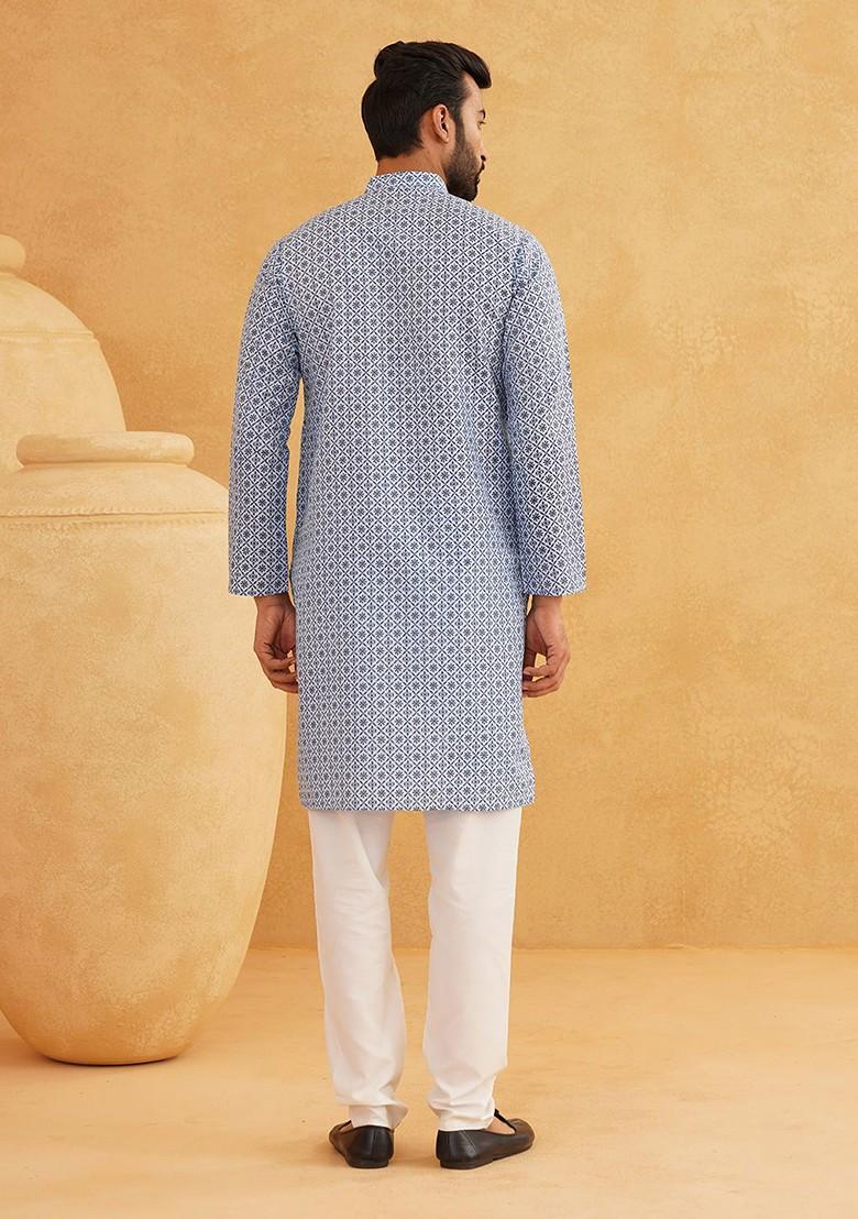 Blue Printed Poly Blend Kurta Set For Men