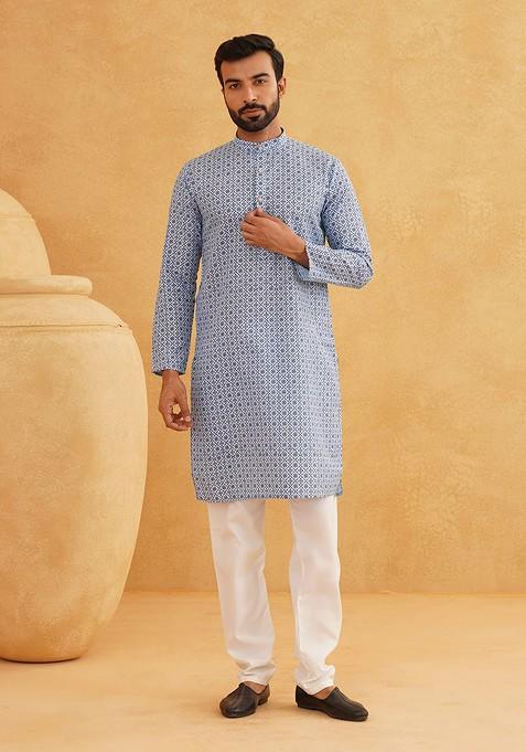 Blue Printed Poly Blend Kurta Set For Men