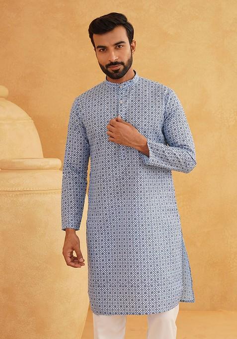 Blue Printed Poly Blend Kurta Set For Men