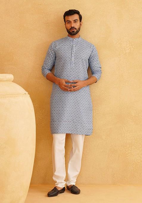Blue Printed Poly Blend Kurta Set For Men