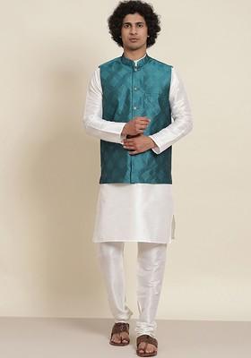 White Woven Poly Blend Kurta Set For Men