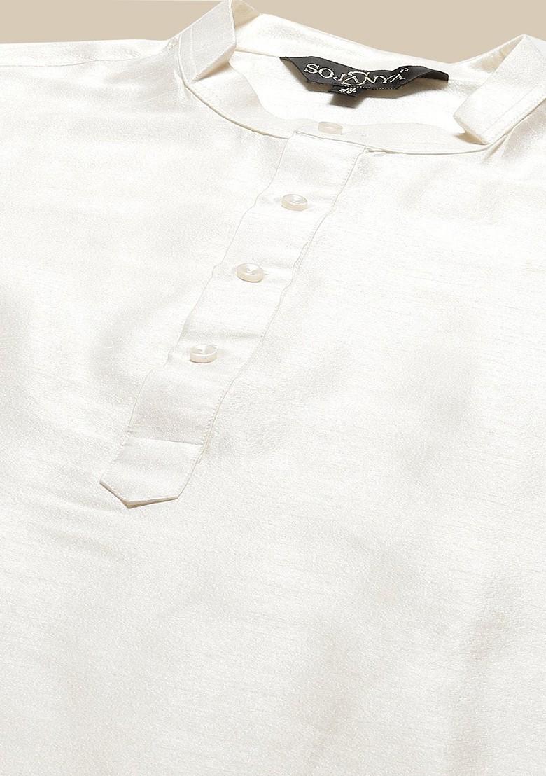 White Woven Poly Blend Kurta Set For Men