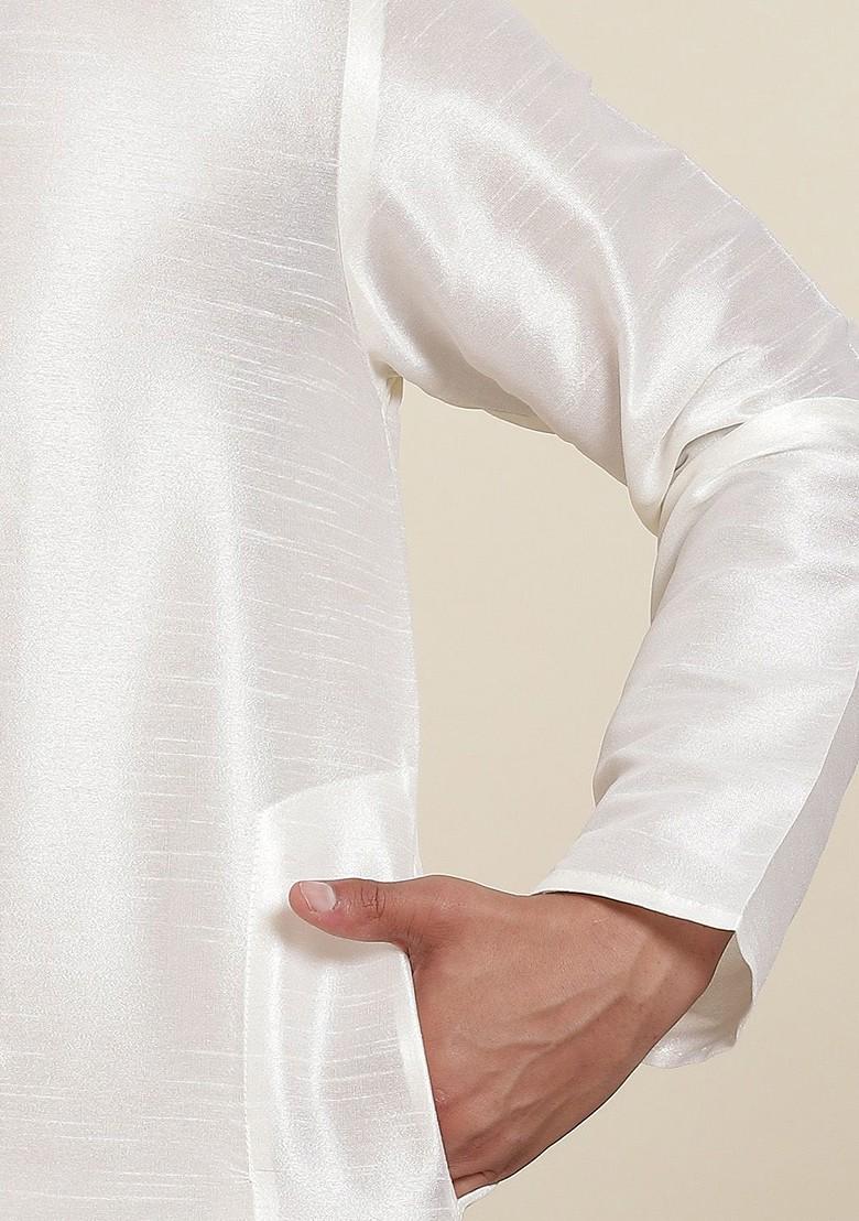 White Woven Poly Blend Kurta Set For Men