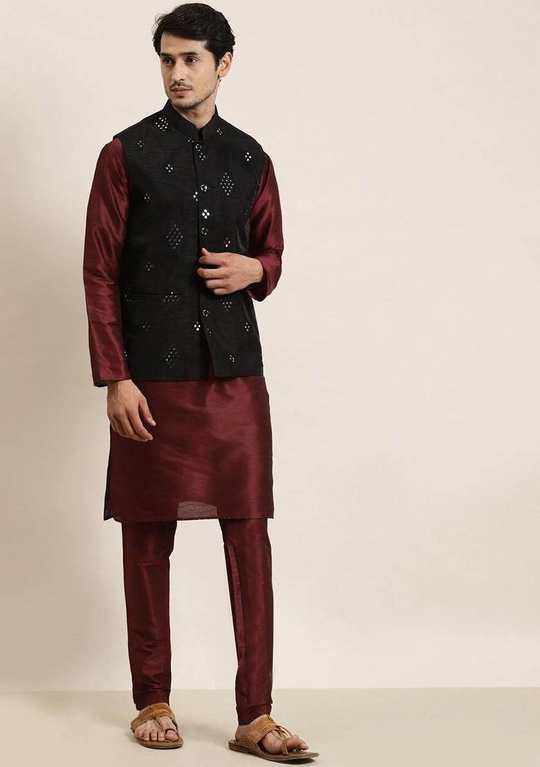 Maroon Mirror Work Poly Blend Kurta Set For Men