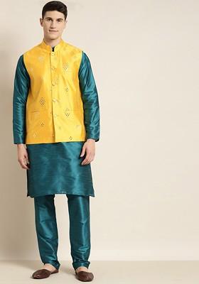 Teal Blue Mirror Work Poly Blend Kurta Set For Men