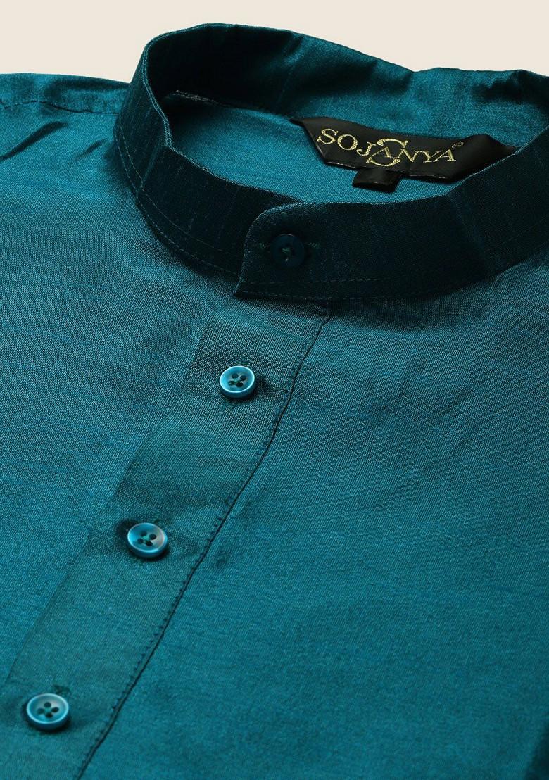 Teal Blue Mirror Work Poly Blend Kurta Set For Men