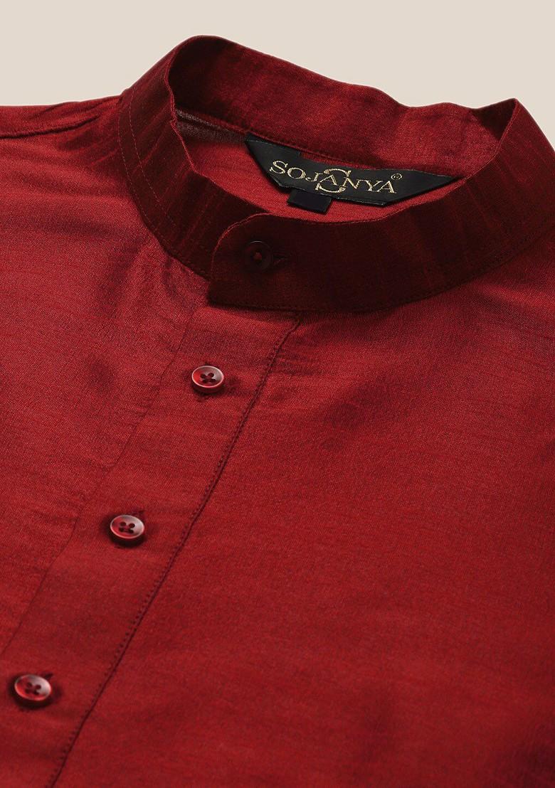 Maroon Solid Poly Blend Kurta Set For Men