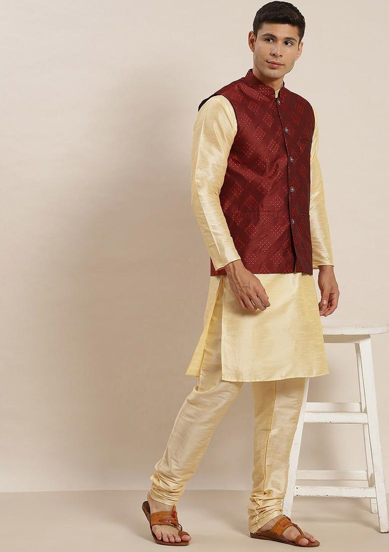 Gold Woven Poly Blend Kurta Set For Men