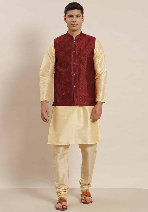 Gold Woven Poly Blend Kurta Set For Men