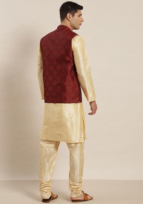 Gold Woven Poly Blend Kurta Set For Men