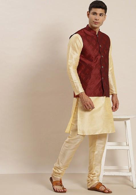 Gold Woven Poly Blend Kurta Set For Men