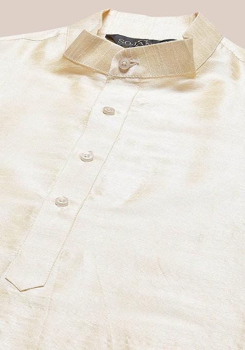 Gold Woven Poly Blend Kurta Set For Men