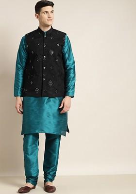 Teal Blue Solid Poly Blend Kurta Set For Men