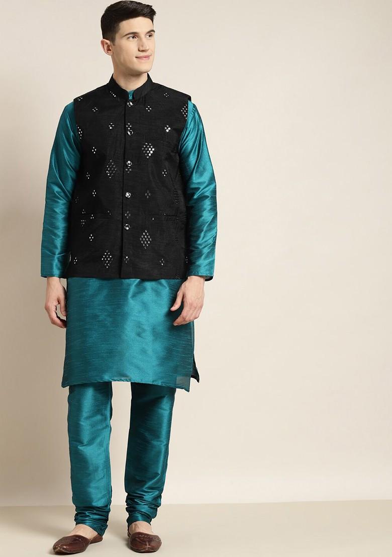 Teal Blue Solid Poly Blend Kurta Set For Men