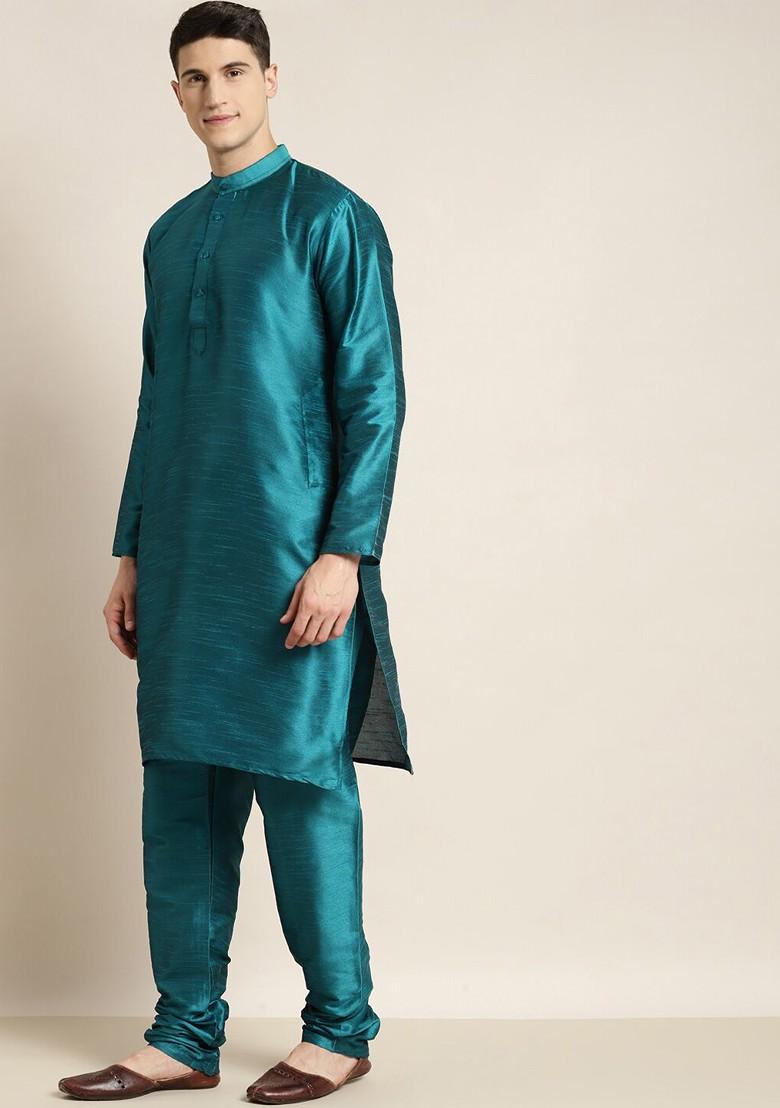Teal Blue Solid Poly Blend Kurta Set For Men