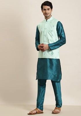 Teal Blue Solid Poly Blend Kurta Set For Men