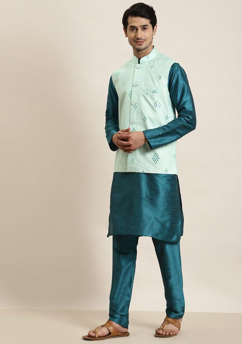 Teal Blue Solid Poly Blend Kurta Set For Men