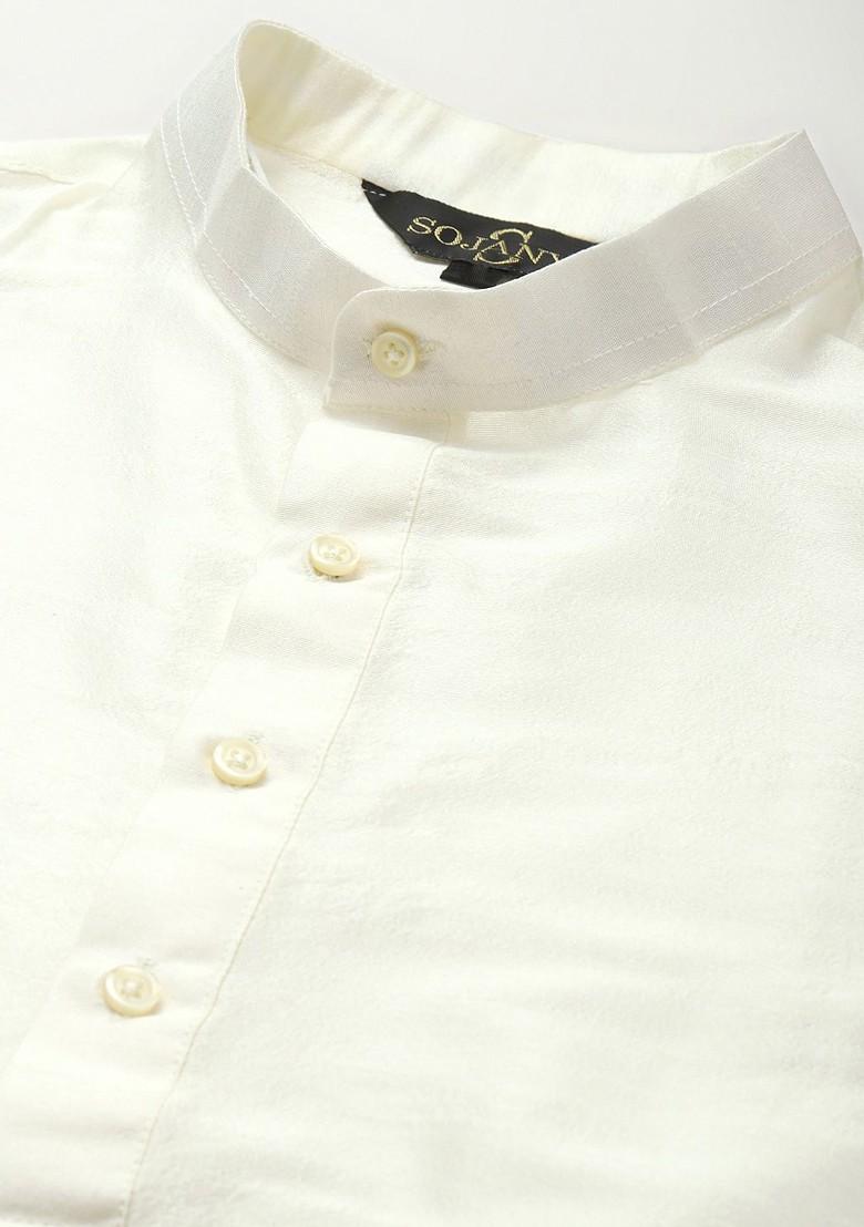 Cream Mirror Work Poly Blend Kurta Set For Men