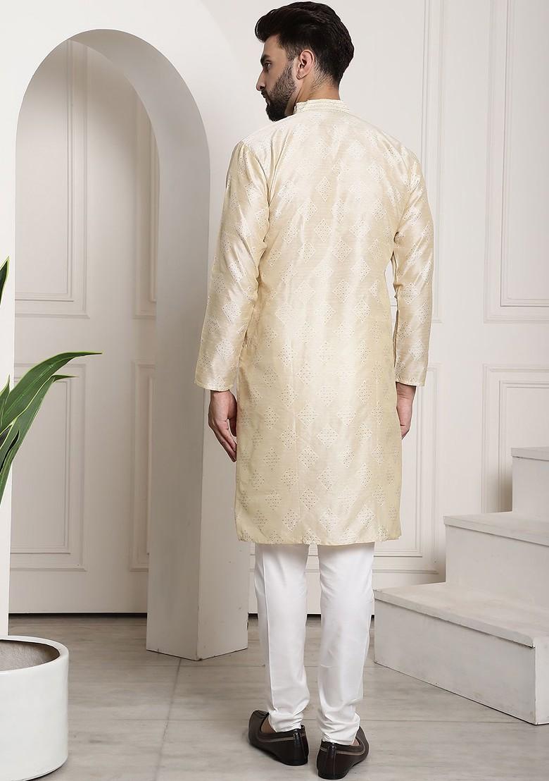 Gold Woven Silk Kurta Set For Men