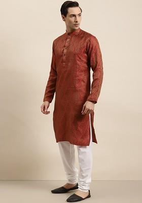 Red Ethnic Motifs Poly Blend Kurta Set For Men