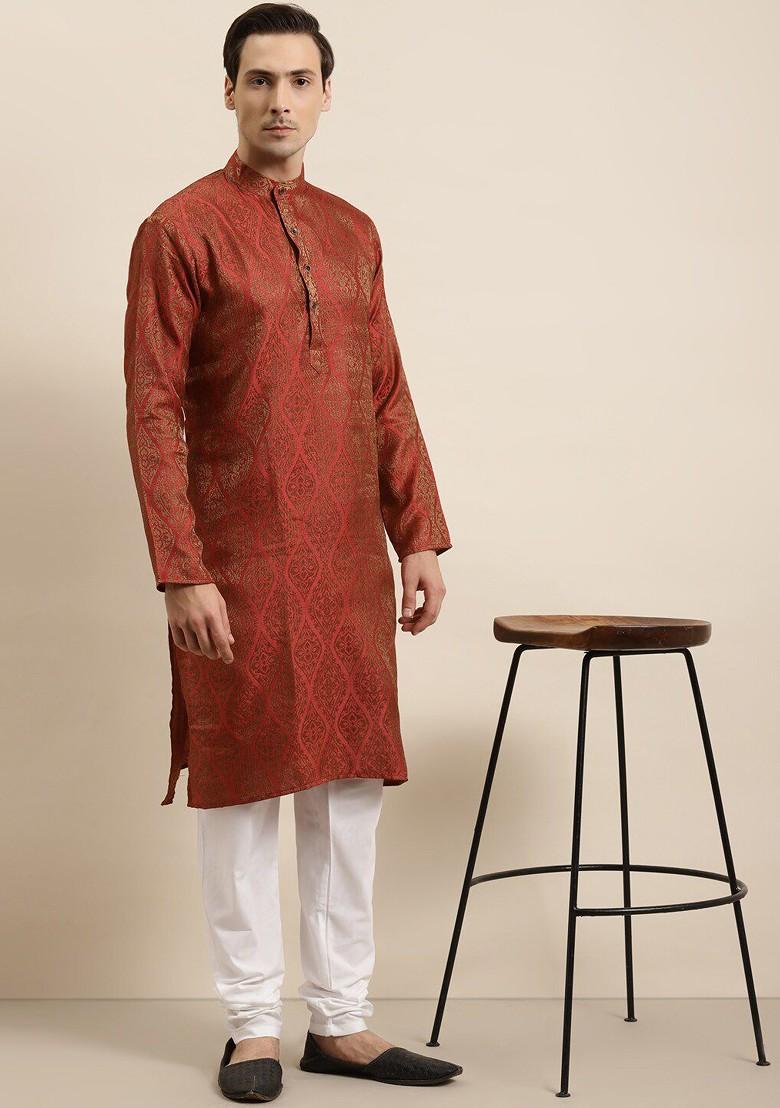 Red Ethnic Motifs Poly Blend Kurta Set For Men