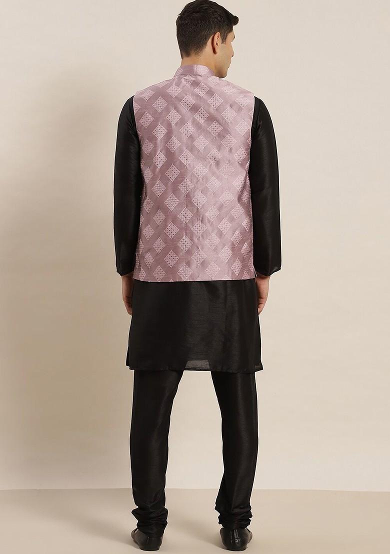 Black Solid Poly Blend Kurta Set For Men
